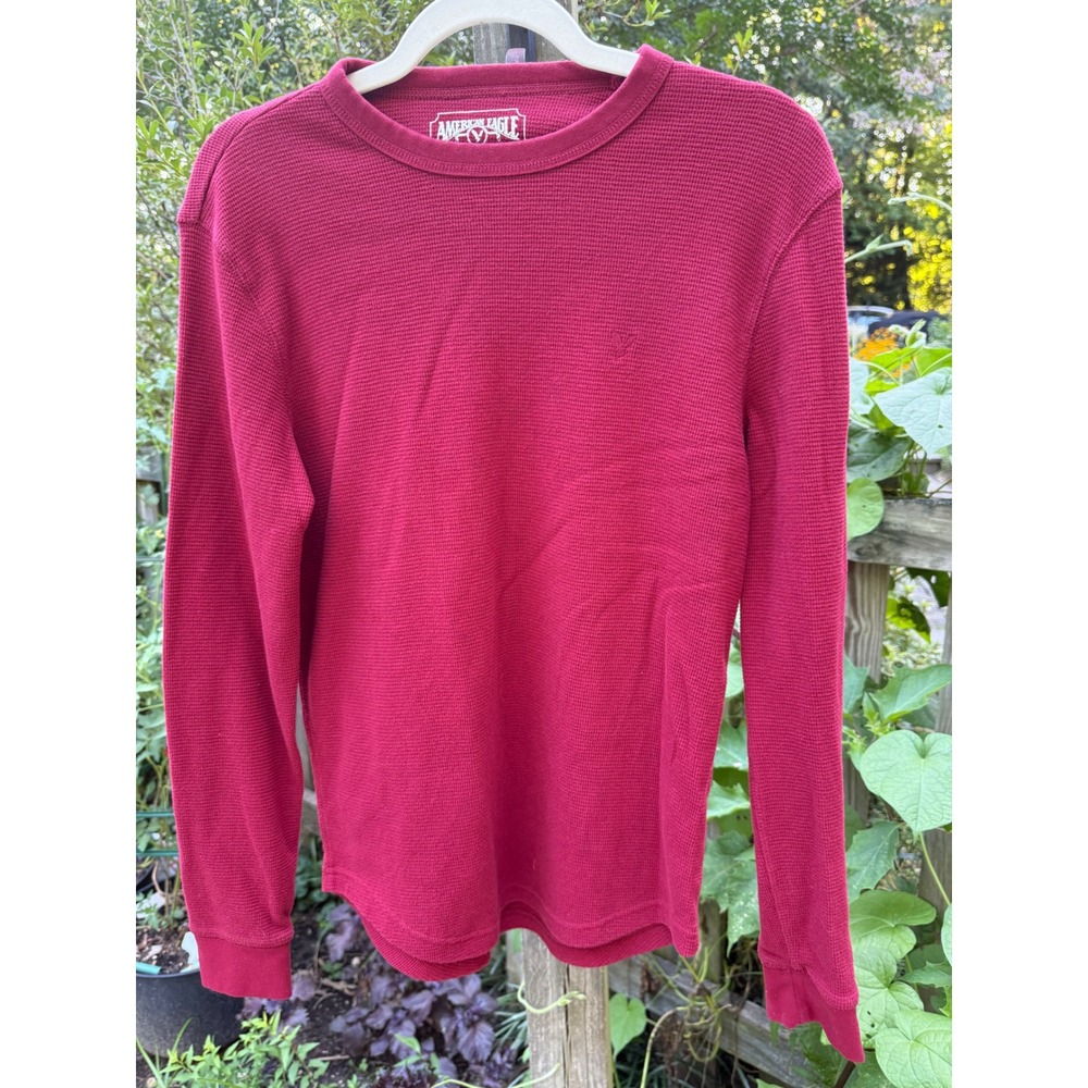 American Eagle Men's S Burgundy Thermal Waffle Shirt Y2K Preppy Grunge